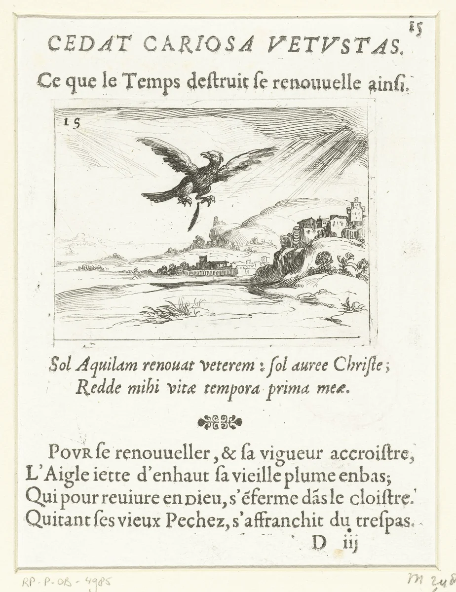 Een adelaar laat een oude veer vallen by Jacques Callot, print, 1621-1635