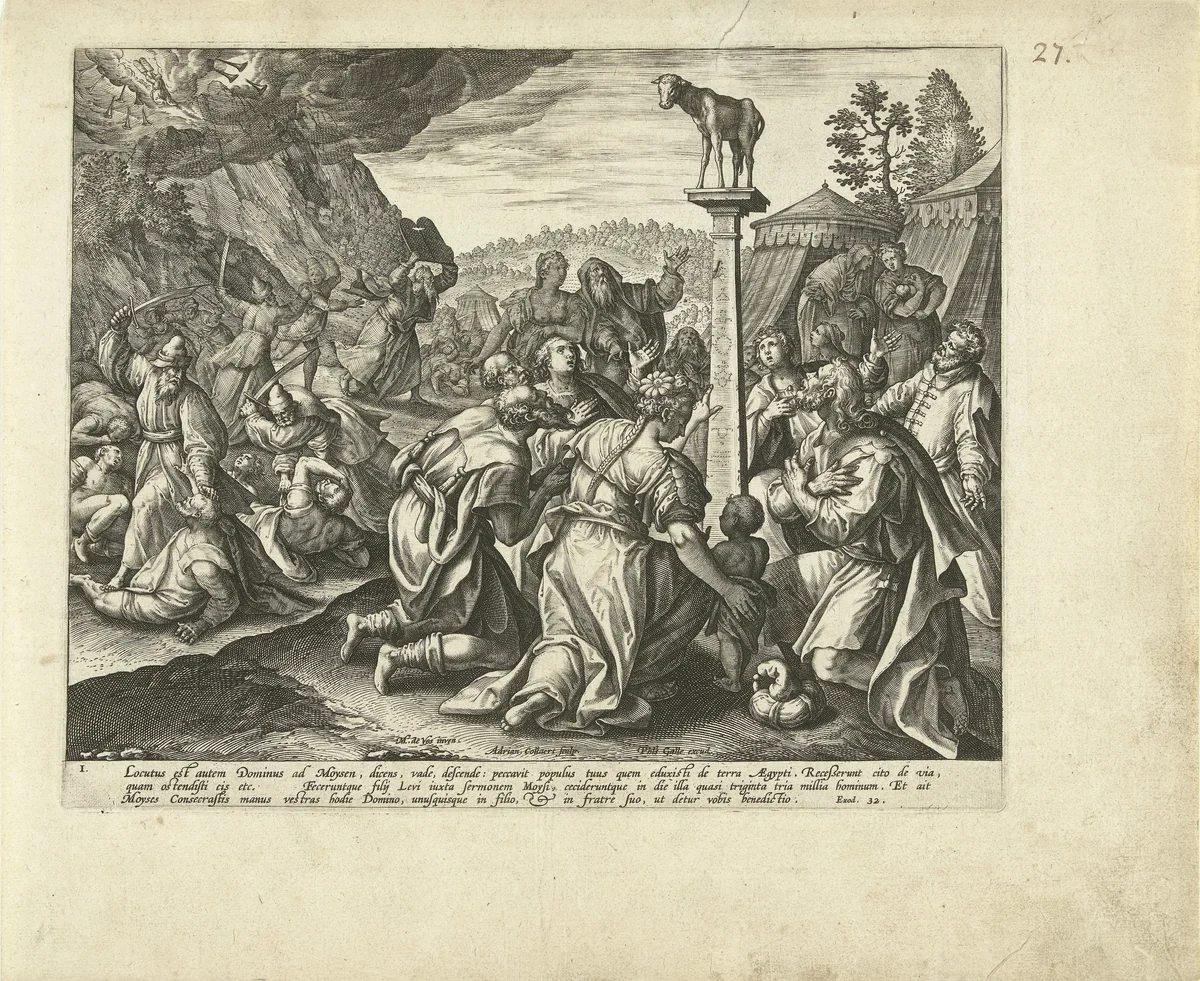 Aanbidding van het gouden kalf: het eerste Gebod by Unknown, print, 1585-1589