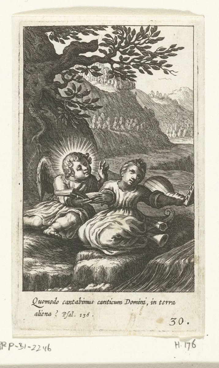 Engel en kind zingen en musiceren in landschap by Boëtius Adamsz. Bolswert, print, 1590-1624