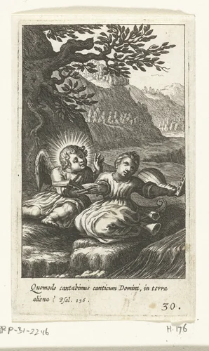 Engel en kind zingen en musiceren in landschap by Boëtius Adamsz. Bolswert, print, 1590-1624