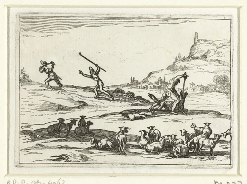 Herders verdedigen hun kudde by Jacques Callot, print, 1621-1635