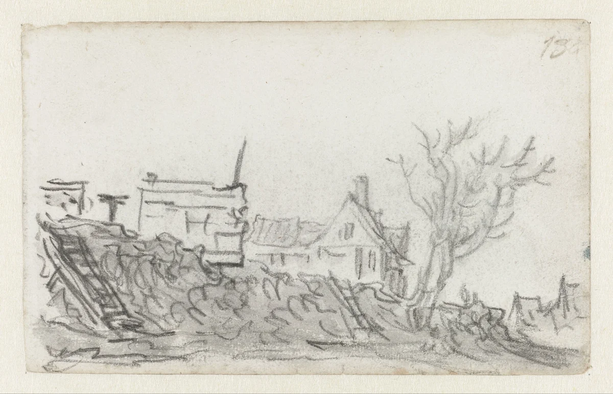 Huizen aan een dijk bij Houtwael by Jan van Goyen, drawing, 1650-1651