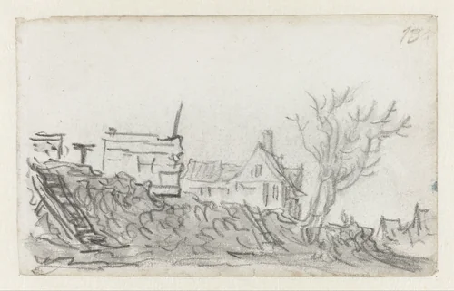 Huizen aan een dijk bij Houtwael by Jan van Goyen, drawing, 1650-1651