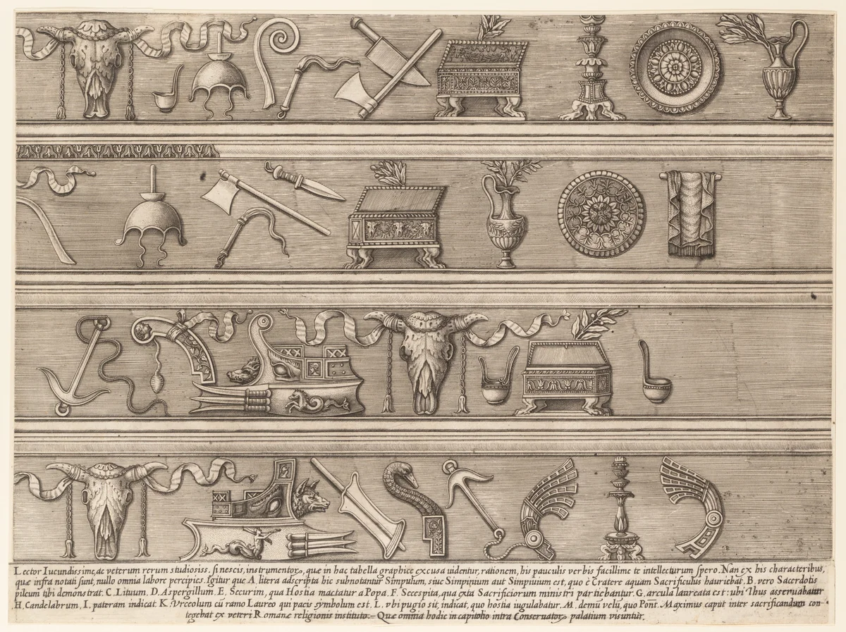 Sacrificial Instruments Based on Ancient Relief Sculpture, from "Speculum Romanae Magnificentiae" by Nicolas Beatrizet, print, 1545-1580