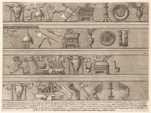 Sacrificial Instruments Based on Ancient Relief Sculpture, from "Speculum Romanae Magnificentiae" by Nicolas Beatrizet, print, 1545-1580