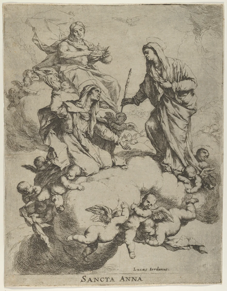 Christ holding a crown upper left, at right the Virgin receiving Saint Anne in Heaven by Luca Giordano, print, 1650-1670