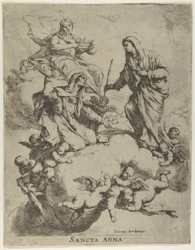 Christ holding a crown upper left, at right the Virgin receiving Saint Anne in Heaven by Luca Giordano, print, 1650-1670