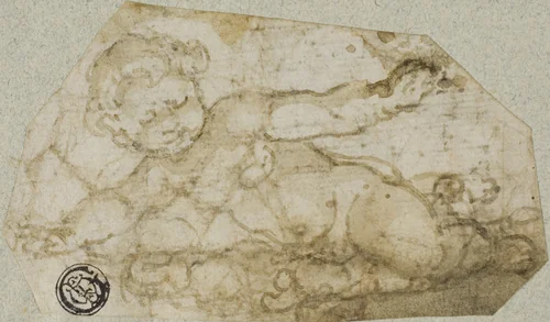 Putto with Garland by Andrea Lilio, drawing, 1575-1642