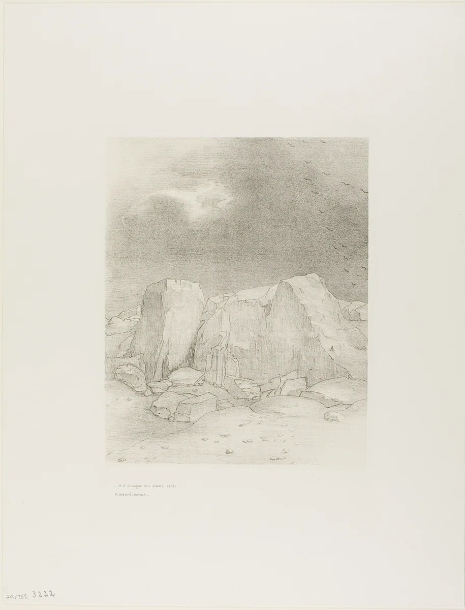 And He Discerns an Arid, Knoll-Covered Plain, plate 7 of 24 by Odilon Redon, print, 1896