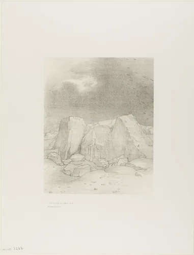And He Discerns an Arid, Knoll-Covered Plain, plate 7 of 24 by Odilon Redon, print, 1896