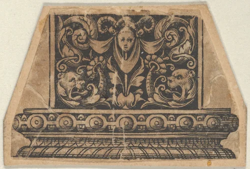 Detail with a Horned Mask Wearing a Whimple, from a Design for a Sword or Dagger Handle by Theodor de Bry, print, 1592-1593