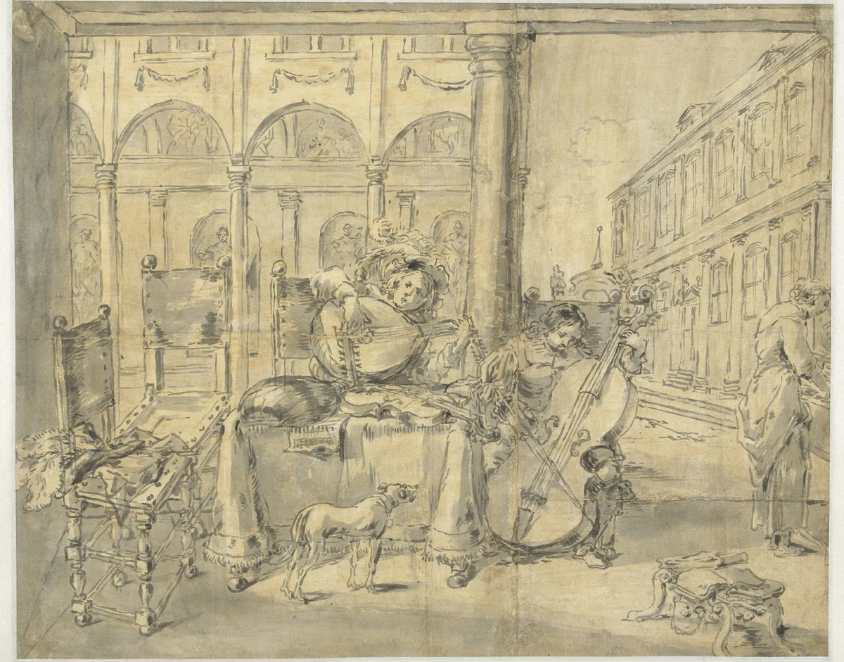 Muzikanten in een loggia by Leonaert Bramer, drawing, 1606-1674