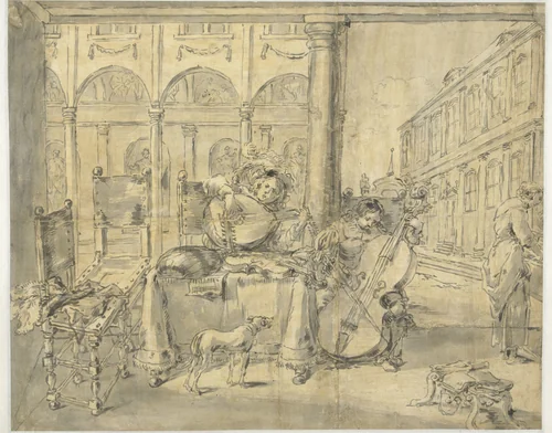 Muzikanten in een loggia by Leonaert Bramer, drawing, 1606-1674