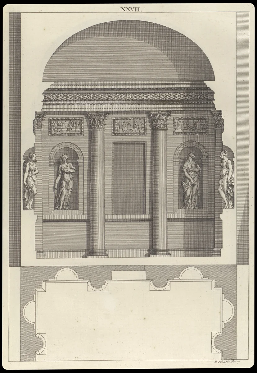 Design for a Corinthian Hall, in The Architecture of A. Palladio in Four Books containing a Short Treatise on the Five Orders (L'Architecture de A. Palladio en quatre livres... / Il quattro libri dell'architettura) (Volume 1, book 2, plate 28) by Andrea Palladio, book, 1715-1720