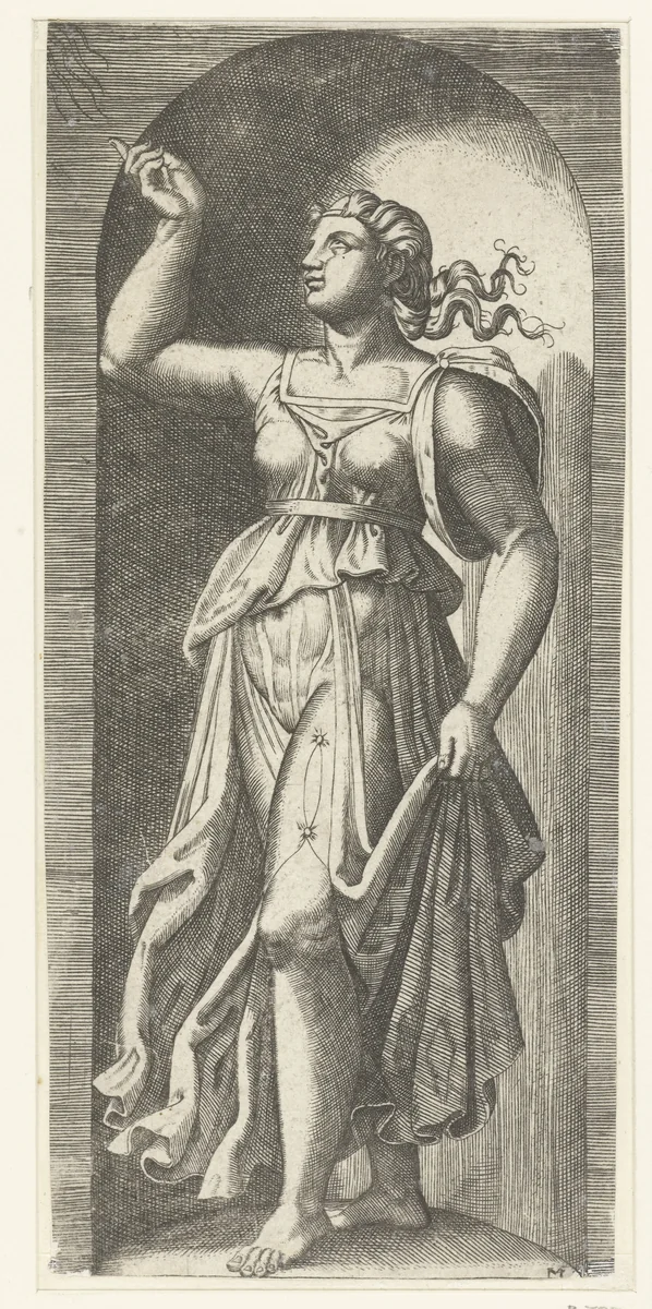 Vrouw als personificatie van Geloof (Fides) met naar boven opgeslagen ogen by anonymous, print, 1510-1575