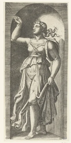 Vrouw als personificatie van Geloof (Fides) met naar boven opgeslagen ogen by anonymous, print, 1510-1575