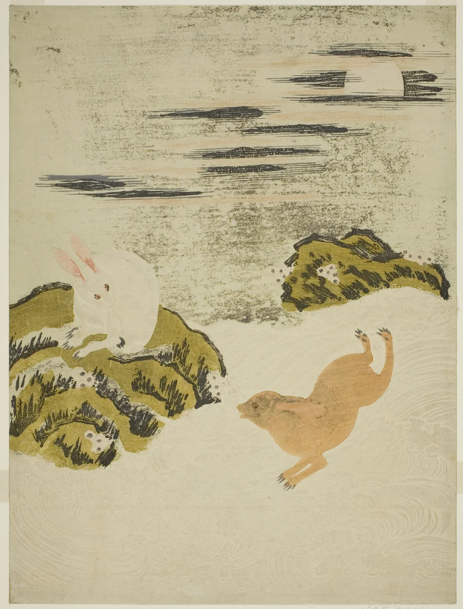 Hares Playing in Surf on a Moonlit Night by Isoda Koryusai, print, 1766-1776