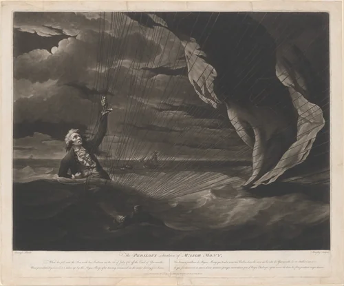 The Perilous Situation of Major Mony, When He Fell into the Sea with His Balloon on the 23rd of July, 1785, Off the Coast of Yarmouth; Most Providentially Discovered and Taken Up by the Argus Sloop, After Having Remained in the Water During Five Hours by John Murphy, print, 1789