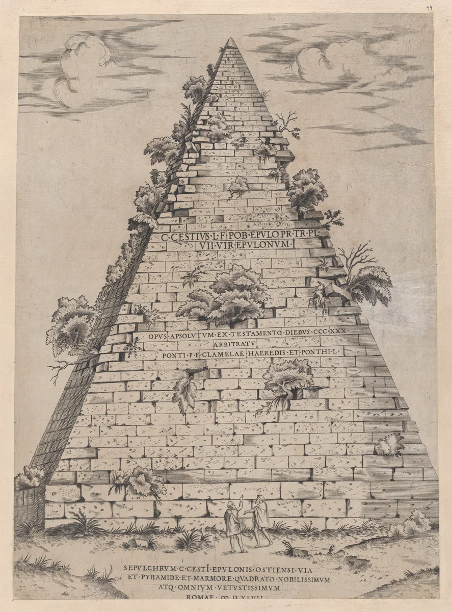 Pyramid of Caius Cestius, from "Speculum Romanae Magnificentiae" by anonymous, print, 1547