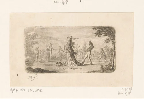 Wandelaars met aangelijnde honden in een landschap by Daniel Nikolaus Chodowiecki, print, 1794