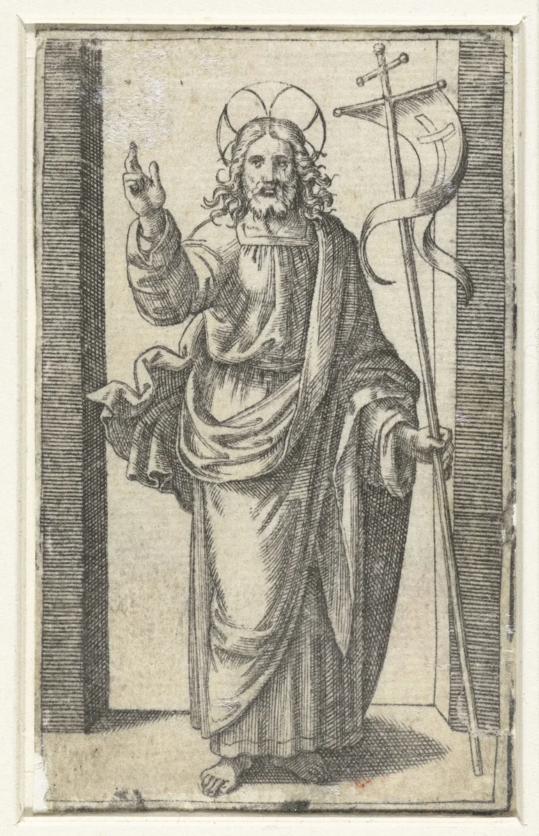 Christus met kruisvaandel maakt zegenend gebaar by Marcantonio Raimondi, print, 1517-1527