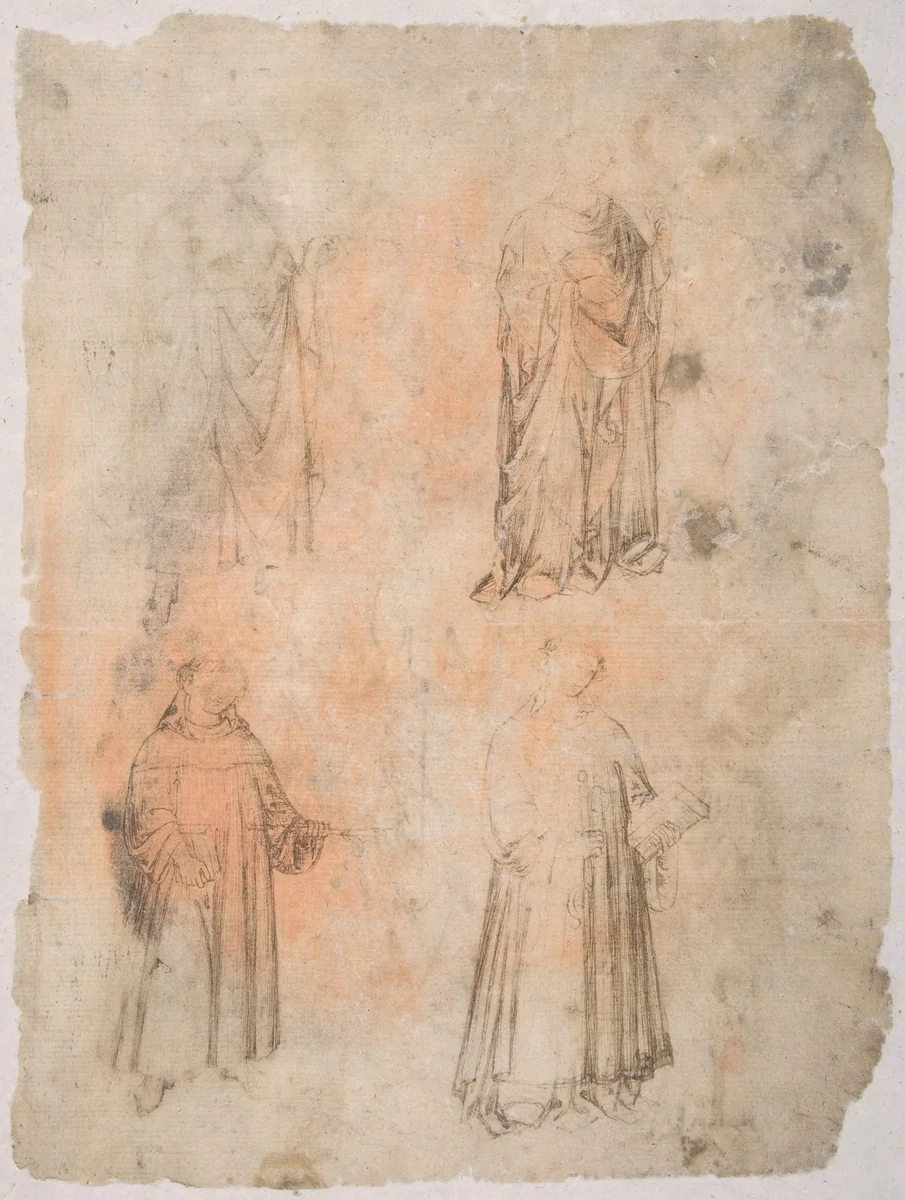Four Saints (recto); Two Saints, Seated Madonna, and Kneeling Figure (verso) by anonymous, drawing, 1375-1400