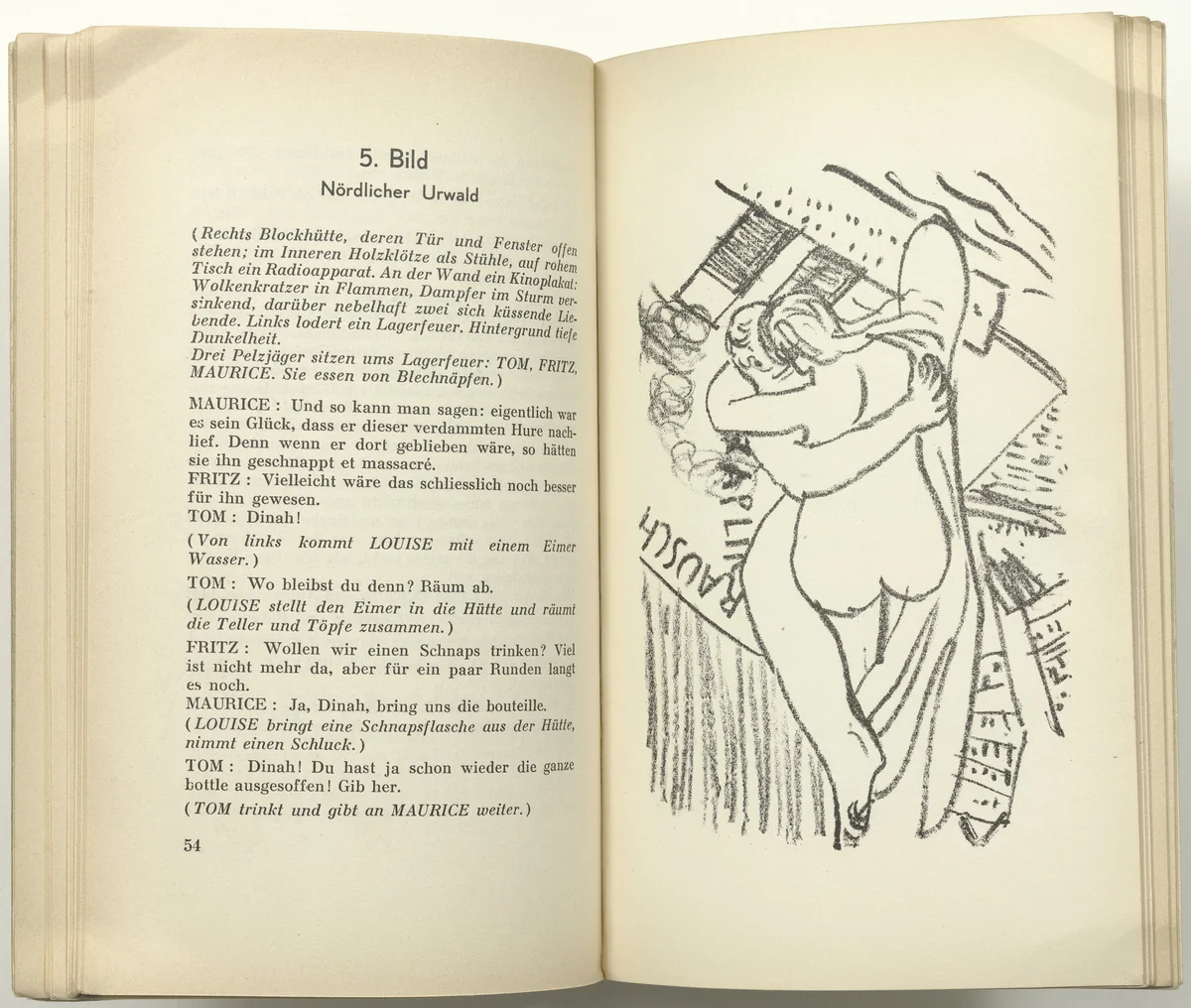 First Illustration for Scene 5 (plate facing page 54) from Der Mensch ist kein Haustier (Man Is Not a Domestic Animal) by Max Beckmann, illustrated book, 1937