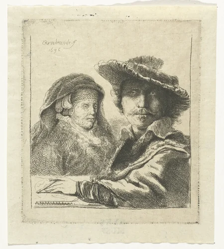 Self-portrait with Saskia and the artist's mother seated at a table, looking right: three quarter length by Ignace-Joseph de Claussin, print, 1805-1844
