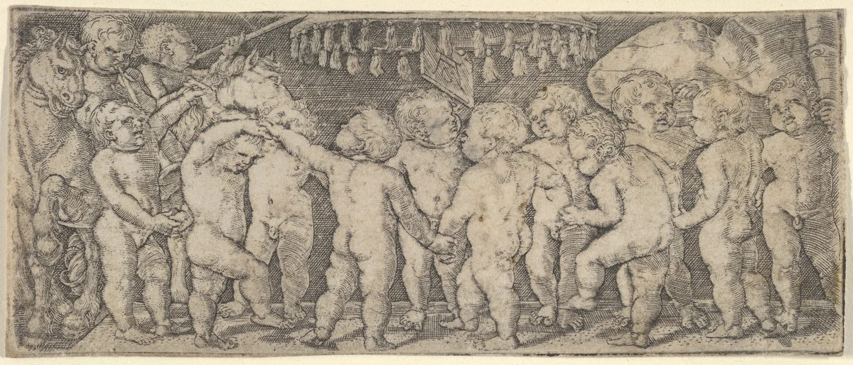 Nude Children Dancing Under a Canopy, with Two Horses on the Left and a Banner on the Right by Heinrich Aldegrever, print, 1527-1537