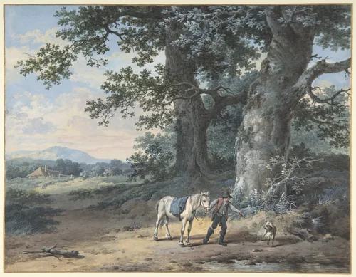 A Peasant Leading his Horse on the Outskirts of a Wood by Pieter Barbiers II, drawing, 1761-1842