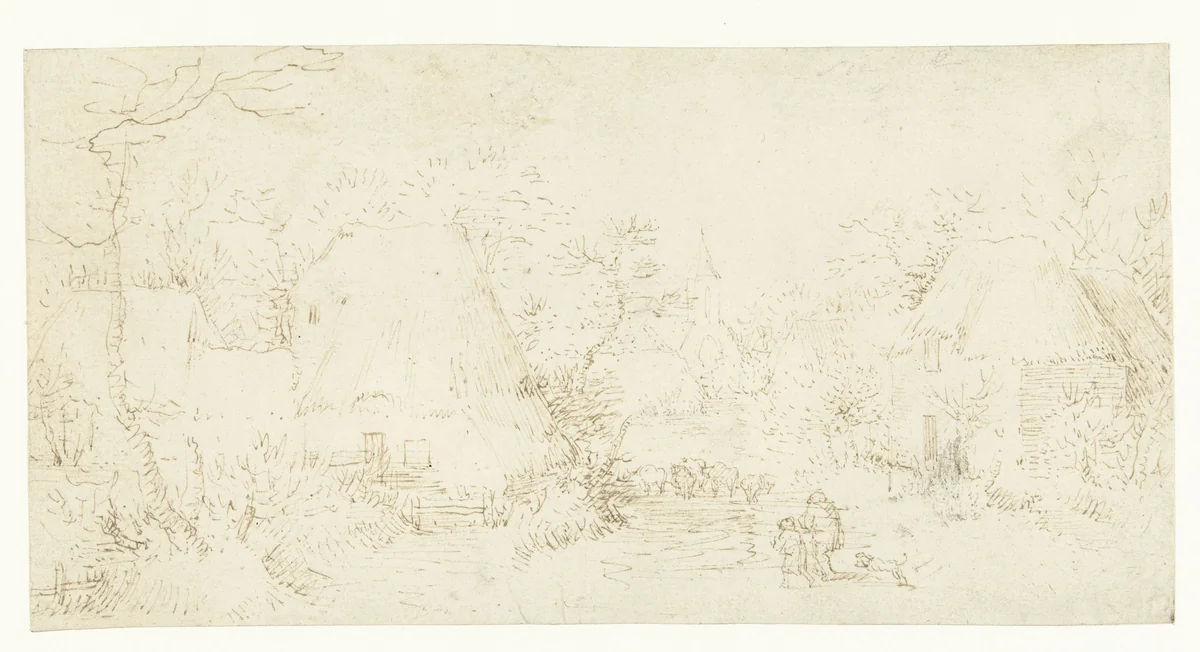 Dorpsstraat met een herder en zijn kudde, een kleine jongen en hond by Unknown, drawing, 1540