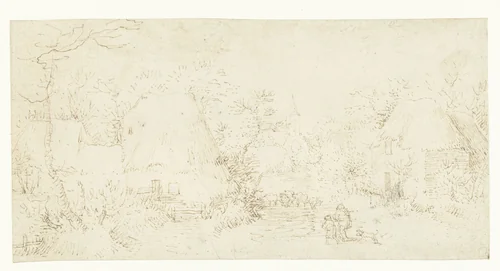 Dorpsstraat met een herder en zijn kudde, een kleine jongen en hond by Unknown, drawing, 1540