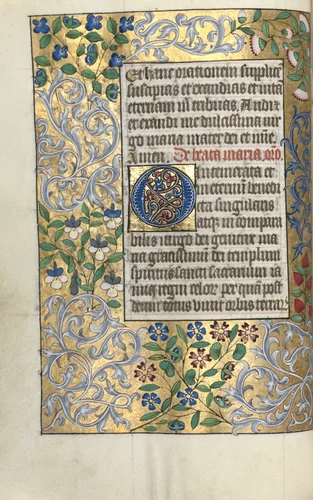 Book of Hours (Use of Rouen): fol. 22v, Prayer to the Virgin, Large Initial O with Elaborate Border by Master of the Geneva Latini, book, 1465-1475