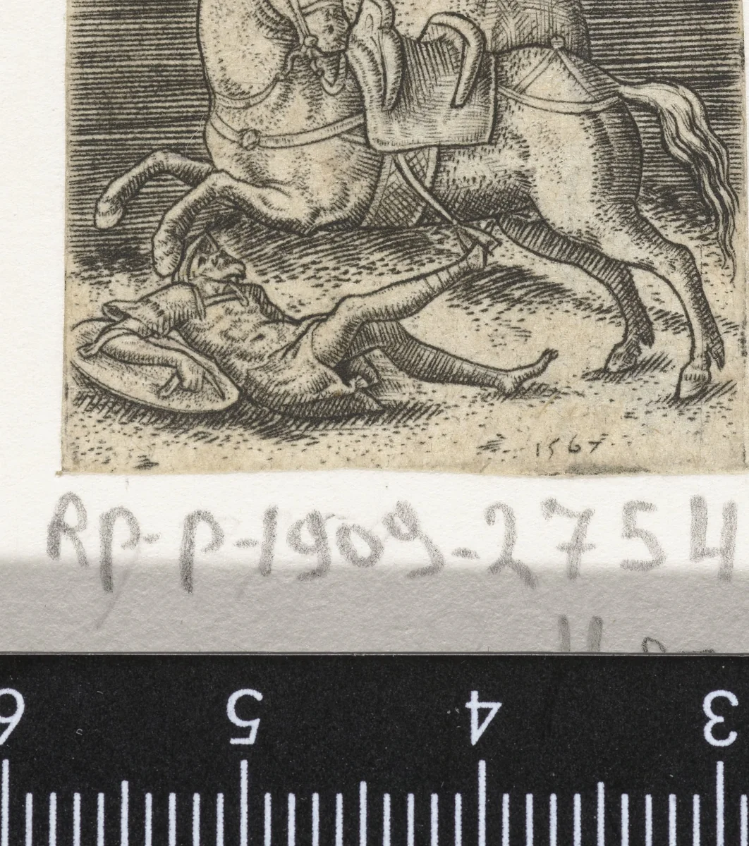 Romeinse ruiter van zijn paard getild by Abraham de Bruyn, print, 1567