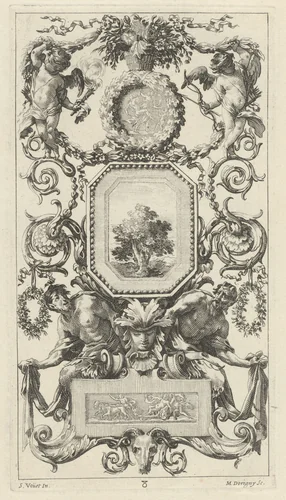 Ornamental Panel Surmounted by a Basket of Flowers with Cupid and Hymen by Michel Dorigny; Simon Vouet, print, 1647