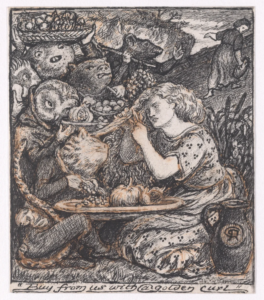 Buy from us with a golden curl, for "The Goblin Market" by Dante Gabriel Rossetti, drawing, 1861-1862