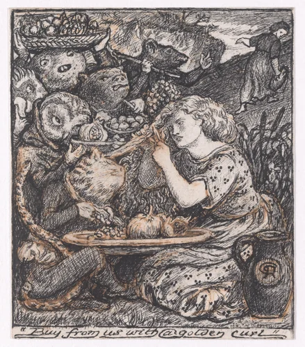 Buy from us with a golden curl, for "The Goblin Market" by Dante Gabriel Rossetti, drawing, 1861-1862