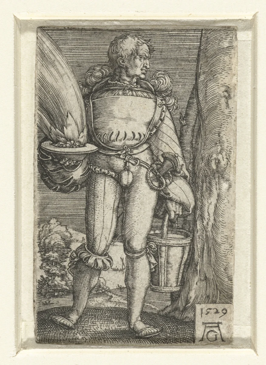 Soldaat met schaal met vuur en emmer by Unknown, print, 1529