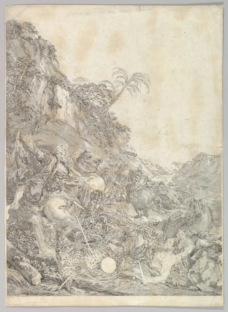 La Chasse au Tigre (The Tiger Chase) by Jean-Jacques Flipart, print, 1734-1782