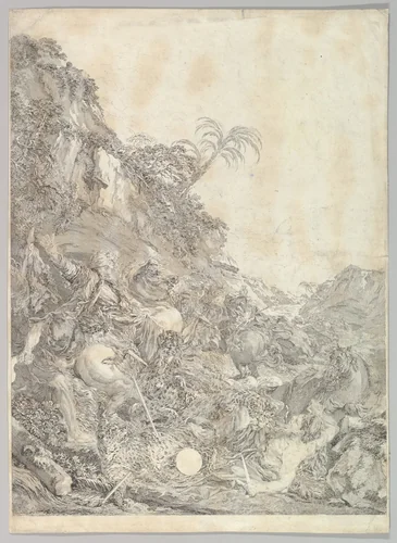 La Chasse au Tigre (The Tiger Chase) by Jean-Jacques Flipart, print, 1734-1782