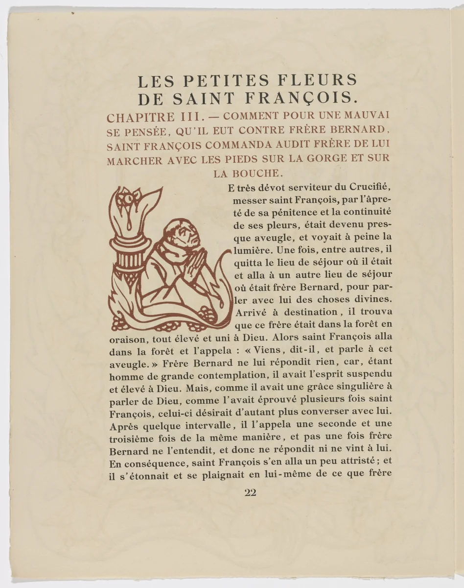 Pictorial initial (page 22) from Les Petites Fleurs de St. François (The Little Flowers of St. Francis) by Émile Bernard, illustrated book, 1928