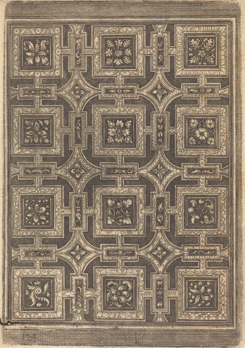 Ornamental Design for Coffered Ceiling by Daniel Hopfer; David Funck, print, 1520-1529