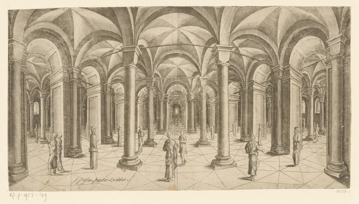 Perspectief van gewelfde ruimte met zuilen by Unknown, print, 1530-1558