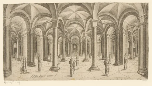 Perspectief van gewelfde ruimte met zuilen by Unknown, print, 1530-1558