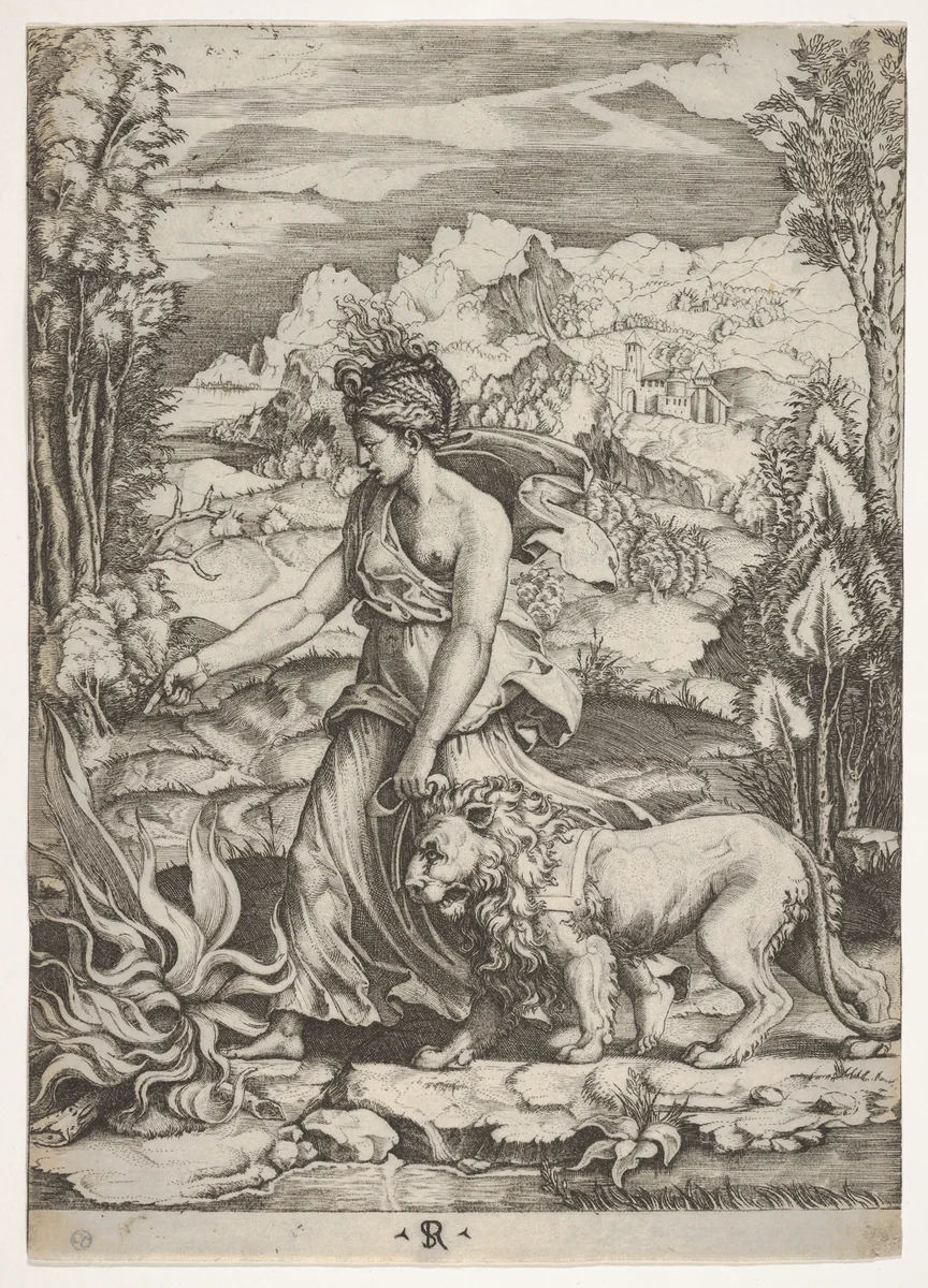 Fortitude in profile view walking toward a fire at left and leading a harnessed lion, a landscape in the background by Marco Dente, print, 1510-1520
