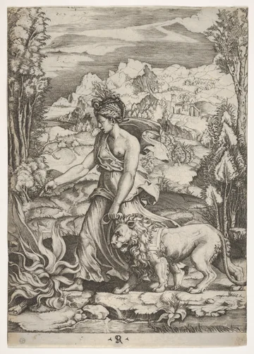 Fortitude in profile view walking toward a fire at left and leading a harnessed lion, a landscape in the background by Marco Dente, print, 1510-1520