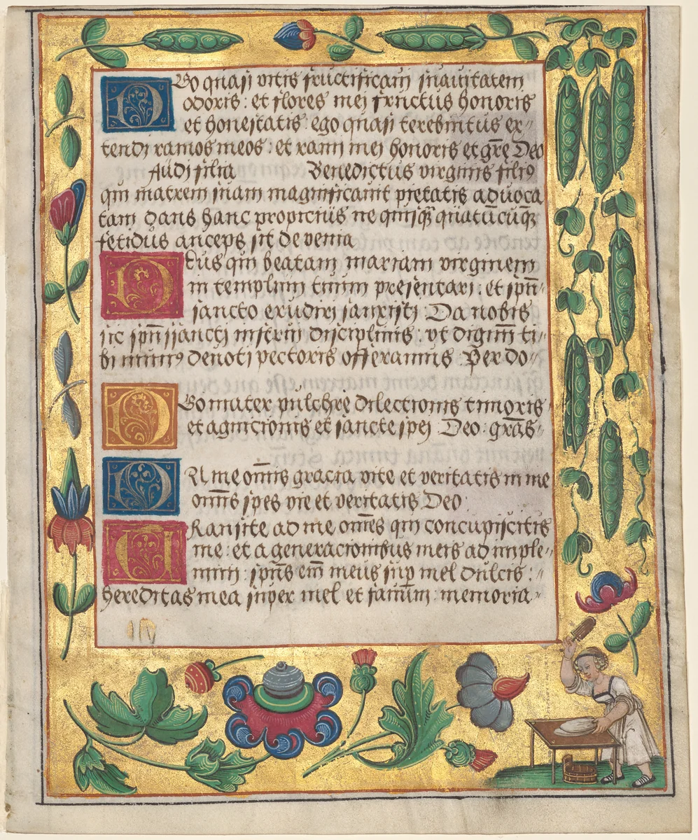 Leaf from a Psalter and Prayerbook: Ornamental Border with Pea Vines and a Girl Kneading Bread (recto) by Unknown, manuscript, 1519-1529