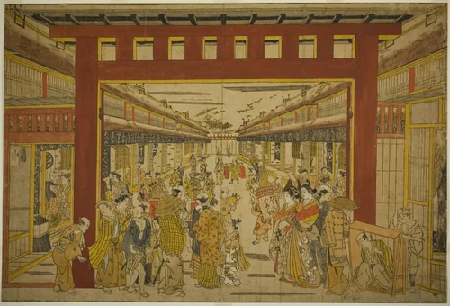Nakanocho in the Yoshiwara by Okumura Masanobu (奥村政信), print, 1686-1764