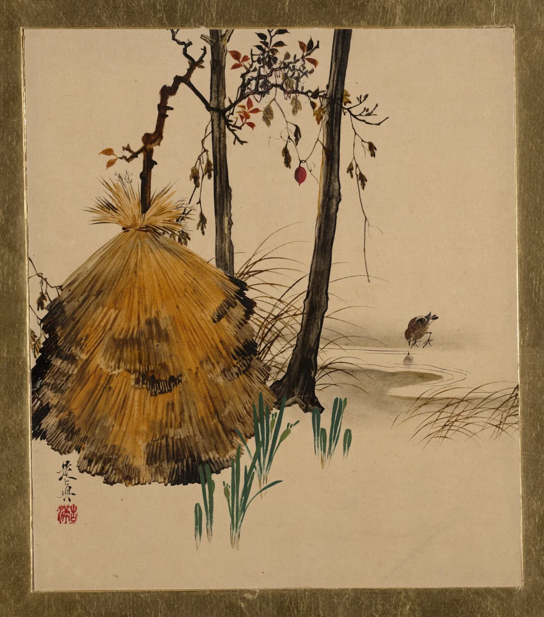 Lacquer Paintings of Various Subjects: Snow Shelter for a Tree with Sparrow by Shibata Zeshin (柴田是真), painting, 1882
