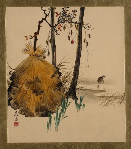 Lacquer Paintings of Various Subjects: Snow Shelter for a Tree with Sparrow by Shibata Zeshin (柴田是真), painting, 1882